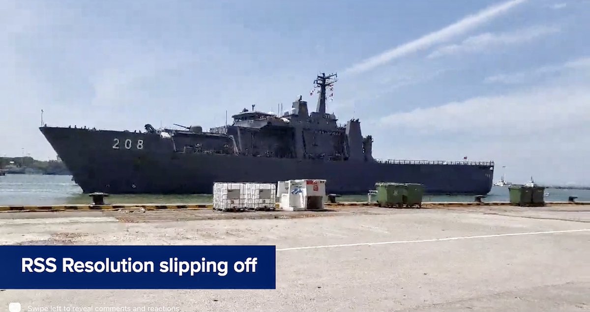 WarshipCam's tweet photo. Republic of Singapore Navy Endurance-class landing platform dock RSS Resolution (208) leaving Singapore for Midshipmen cruise - July 24, 2021 #rssresolution
* captures from video posted on Republic of Singapore Navy FB page https://t.co/nKZ3puWqWs