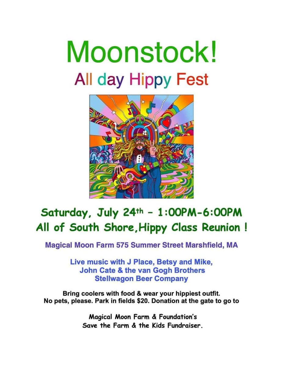 MagicalMoonOrg's tweet photo. All Day Hippy, Music Fest, LOVE IN,
 at Magical Moon Farm today

Today! Starting at noon till when ever. Two stages + dancing in the new barn space. Strawberry and blueberry shortcake, prize for best hippy outfit!
Magical Moon Farm &amp; Foundation
575 Summer Street 
Marshfield, MA https://t.co/Drd91pL7gW