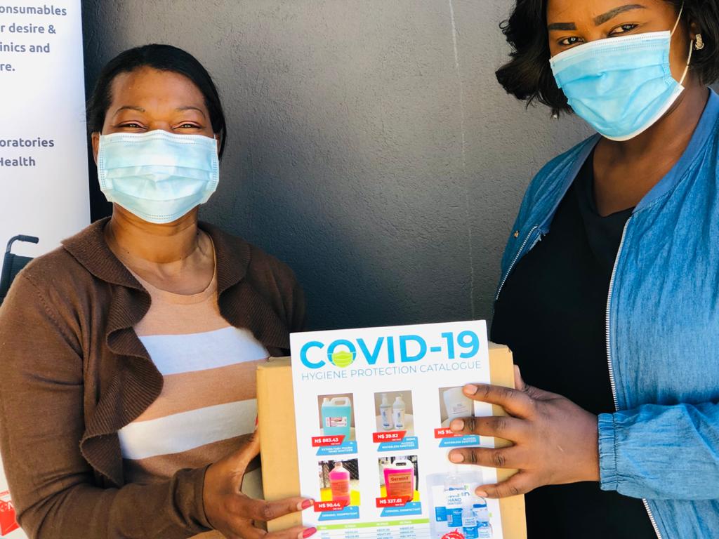 HealthNamibia's tweet photo. We are grateful &amp; appreciate these donations from Shipanga Medical Services. Frontline health workers (FHWs) are the backbone of health care system. Thank you for protecting them. Mathilda Riruako from Shipanga Medical Services handing over donations to Namibia FHW representative https://t.co/HcKGxoiYED