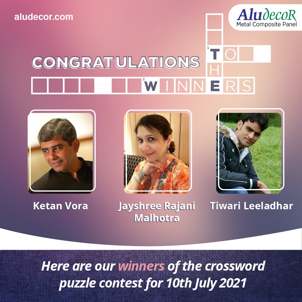 Aludecor's tweet photo. We present the proud winners of the #AludecorCrosswordChallenge for 10th July 2021. A very big round of applause to all of them! Keep winning!
DM us their contact details to claim the prizes.
#AludecorContestWinners #Contest #Puzzle #WinnersPost #ThankYou #Participation https://t.co/LGCDf6hykt