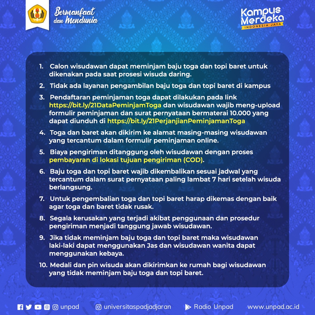 unpad's tweet photo. #PengumumanUnpad

Masa pendaftaran peminjaman toga wisuda Universitas Padjadjaran diperpanjang hingga Minggu 25 Juli 2021 pukul 16.00 WIB.

Mohon baca dan patuhi ketentuan peminjamannya.

#WisudaUnpad
#Unpad
#UnpadBerkinerja
#UnpadBermanfaat
#UnpadMendunia https://t.co/kmfCivVDcB