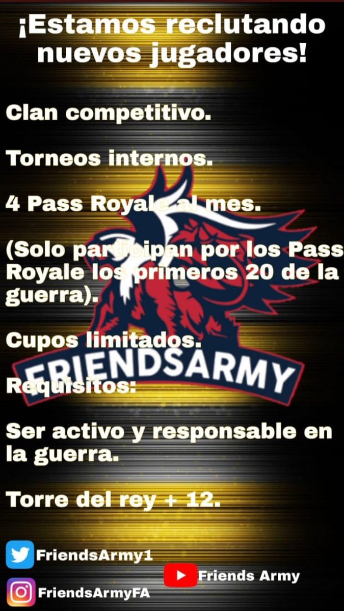 Todas las semanas jugamos torneos por UN (1) PASS ROYALE!!! 
Querés ser parte de FRIENDS ARMY??? Envia MD a <a href="/Tulkas_cr/">Tulkas</a> 
Te esperamos 😎