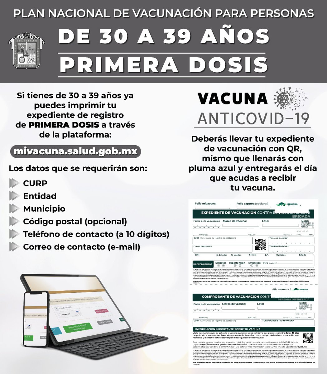 25_27Tultitlan's tweet photo. Amigos de Tultitlán, la PRIMERA DOSIS de la vacuna contra #Covid19 a personas de 30 a 39 años ya está aquí, recuerda generar tu expediente de vacunación y llevar tus documentos correspondientes.
#YoSiMeVacuno https://t.co/EMm607JxCl