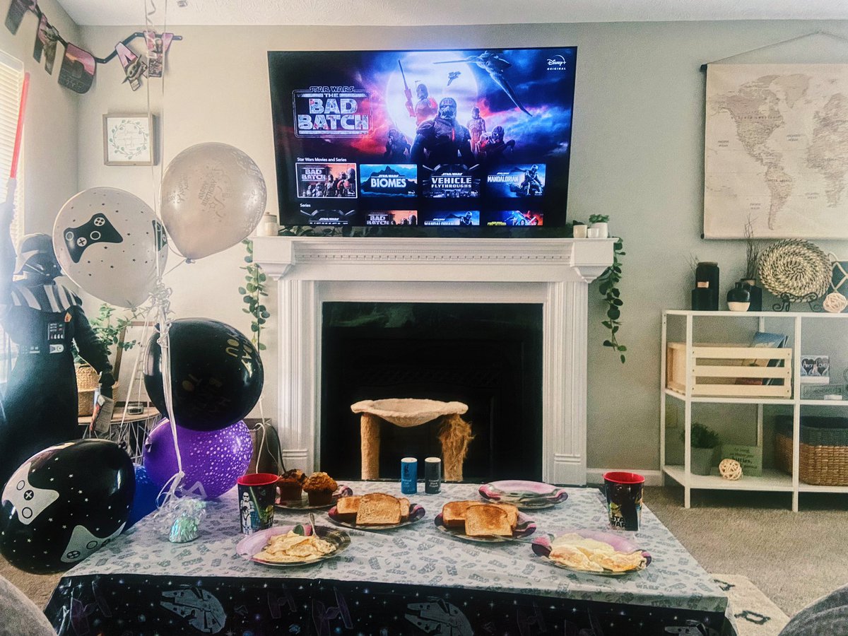 KaylaMears's tweet photo. After 4 years of him begging me to watch Star Wars with him, I said today is the one day we can watch unlimited Star Wars 🤣🎉 Happy birthday bb @EndicottBlake https://t.co/XJjB6w6NNI