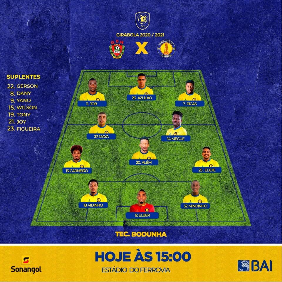 Já temos onze para o jogo de hoje!
Desportivo da Huila vs Petro de Luanda
