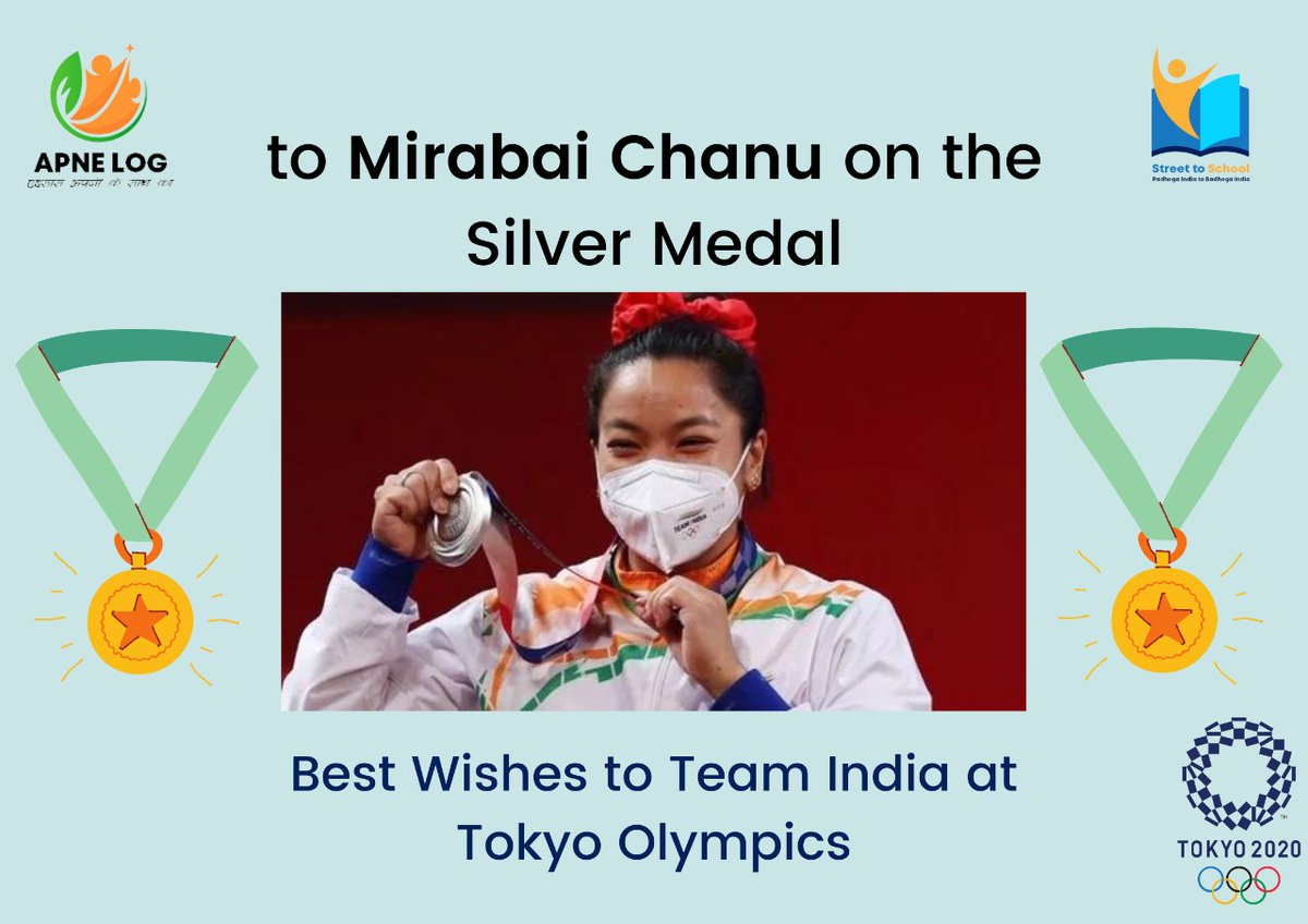 Congratulations to #MirabaiChanu on winning the silver medal at Weightlifting at 

 #TeamIndia at olympics all the best for more glory in the days to come. 
#WomenPower
 #GirlPower
 #girlsinsports 
#apnelogcares
 #streettoschool
