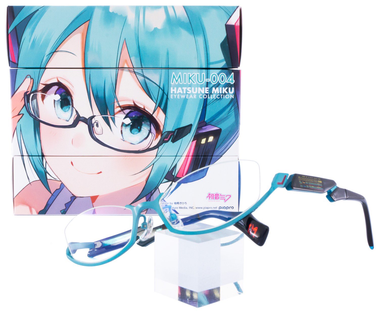 執事眼鏡eyemirror 初音ミク 眼鏡 電子の歌姫 初音ミク イメージメガネ 知性的なデザインのアンダーリムモデル 未来感溢れるディテールに機械的なモチーフが融合したデザインで御座います 衣装のシンセサイザー模様を透明七宝で閉じ込めて表現