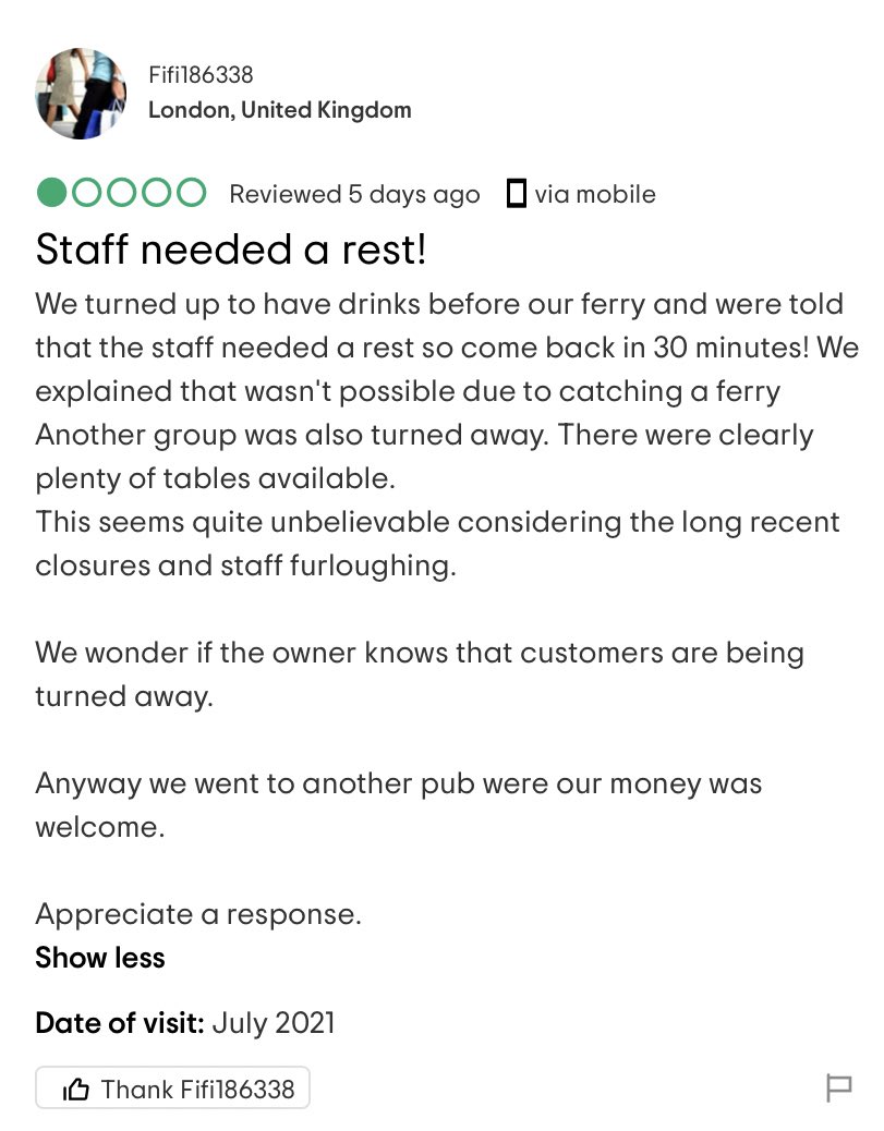 EaterWriter's tweet image. This review is my recruitment pitch. In sweltering heat we will give you longer breaks with the added bonus of keeping Fifi out of the building. Yes, the owners know. No, she will never get a response.