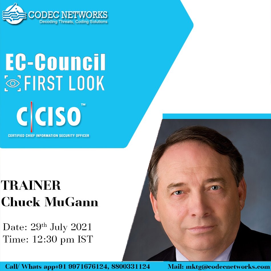 Codec_Networks's tweet image. Join us for a FREE sneak peek at EC-Council’s
Register Today for a First Look at #CCISO!
Friday, July 29th, 2021 👉👉👉 codecnetworks.com/event/ec-counc…

👉👉👉 #NetworkSecurityTraining -  codecnetworks.com/Trainings/CISC…

📩 mktg@codecnetworks.com
📲 Call us: +91 9971676124 || +91 8800331124 to