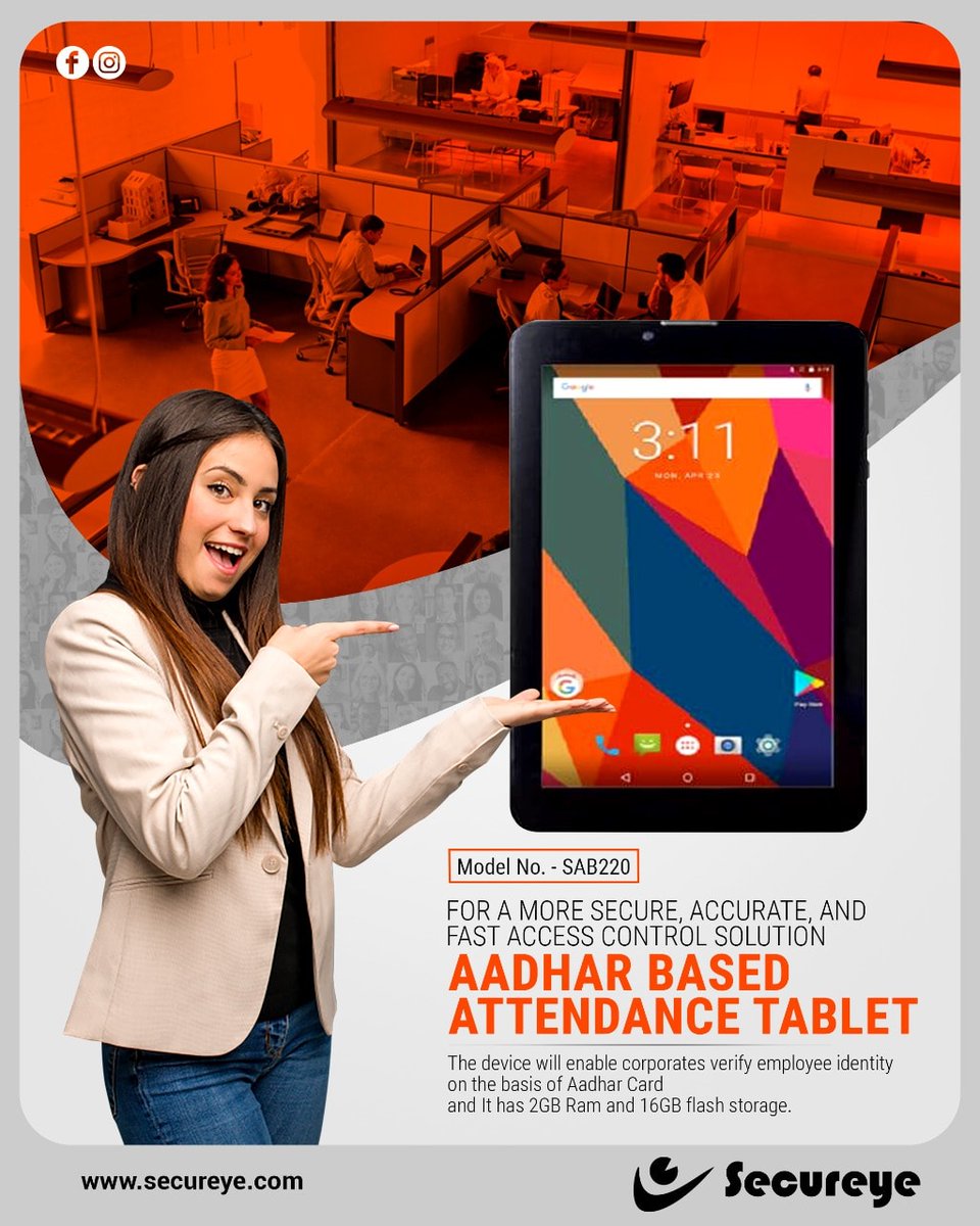 infosecureye's tweet image. #Secureye a leading brand in security products, has launched a 7 inches tab, SAB220. The device will enable corporates to verify employee identity based on Aadhar Card and promote a safe work environment for employees.

#aadhaarbased #attendancedevice #electronics #technology