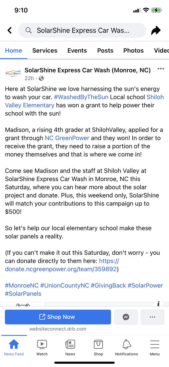 mrs_khorne's tweet photo. Today is the day! Come see us at Solar Shine Car Wash in Monroe to #helpourschool! @NCGP @ShilohValElem @UCPSNC @ShilohValleyPTA #svesgoessolar https://t.co/lbRIaYjZNe