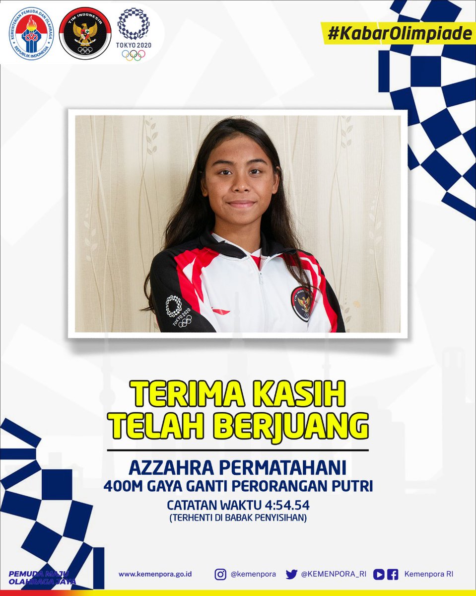 KEMENPORA_RI's tweet photo. — Tetap semangat Azzahra Permatahani! Terimakasih telah berjuang pada kualifikasi 400m Gaya Ganti Perorangan Putri dengan catatan waktu 4:54.54.

#Kemenpora
#KabarOlimpiade
#PemudaMajuOlahragaJaya https://t.co/MO8U9J9TBm