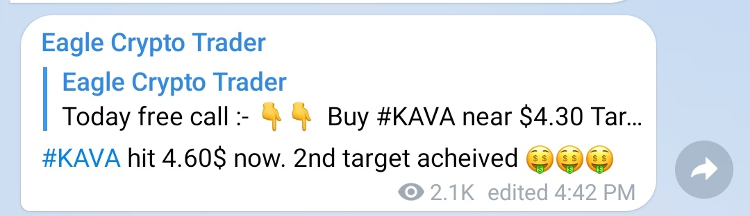 eagle_advisor's tweet photo. #KAVA call was shared at 4.30$. reached 4.60$ within few hours. 49% so far. 

Join our telegram :- https://t.co/Q2zfTvZCal

$KAVA #AXS $AXS #BLZ $BLZ #ZIL $ZIL #THETA $THETA #C98 $C98 #1INCH #SKL $SKL #ZRX $ZRX #TOMO $TOMO #REP $REP #SRM $SRM #OGN $OGN #RSR $RSR #REEF $REEF https://t.co/vZMT75IRvb