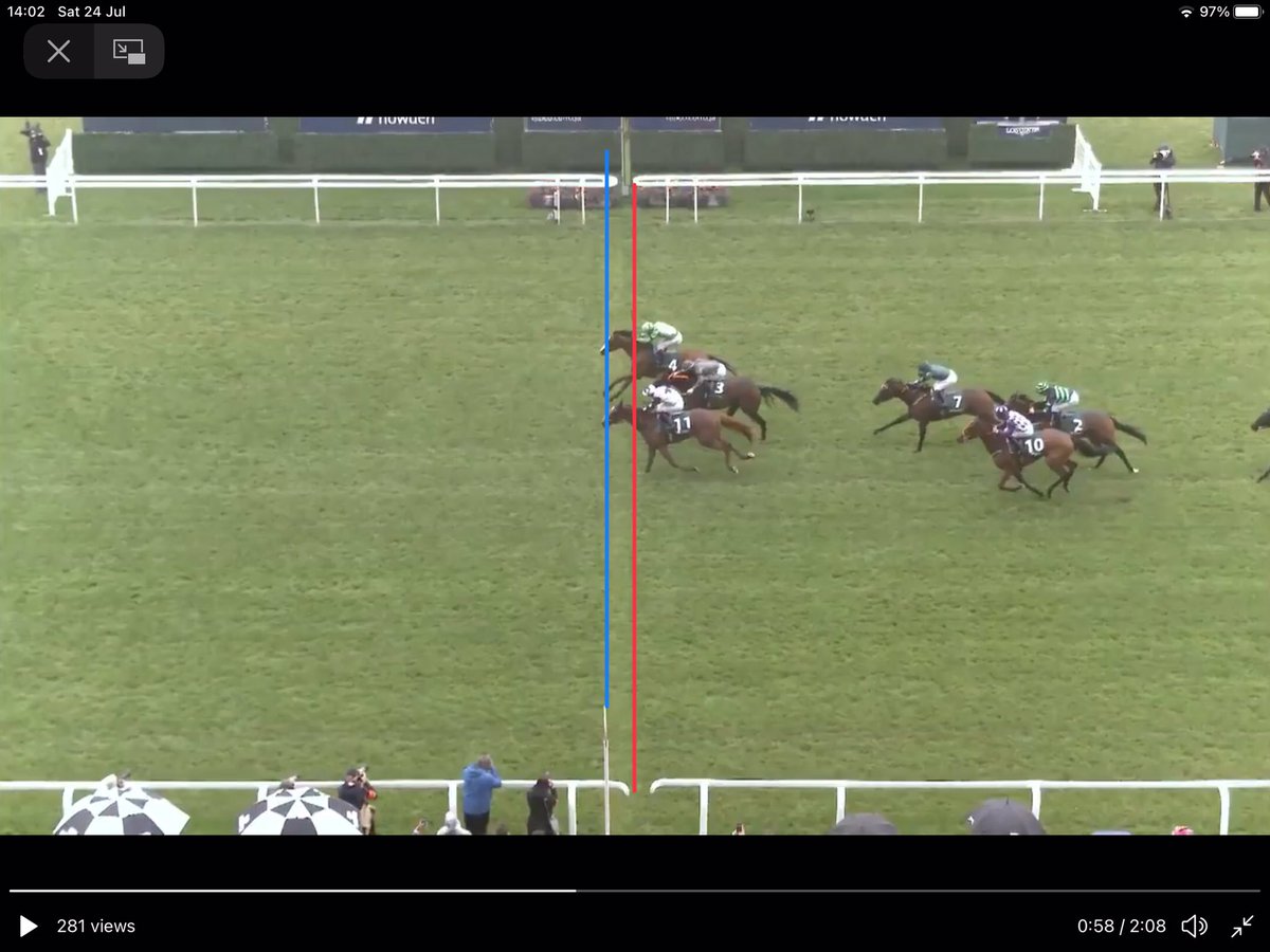 stephenmolu's tweet photo. @RichardHoiles @itvracing is the finish line at the red stripe (camera mirror) or blue stripe (finishing post)? Why this gap between the two when a race can be won by whiskers and result could change between the two lines? https://t.co/jP4eIQYp33