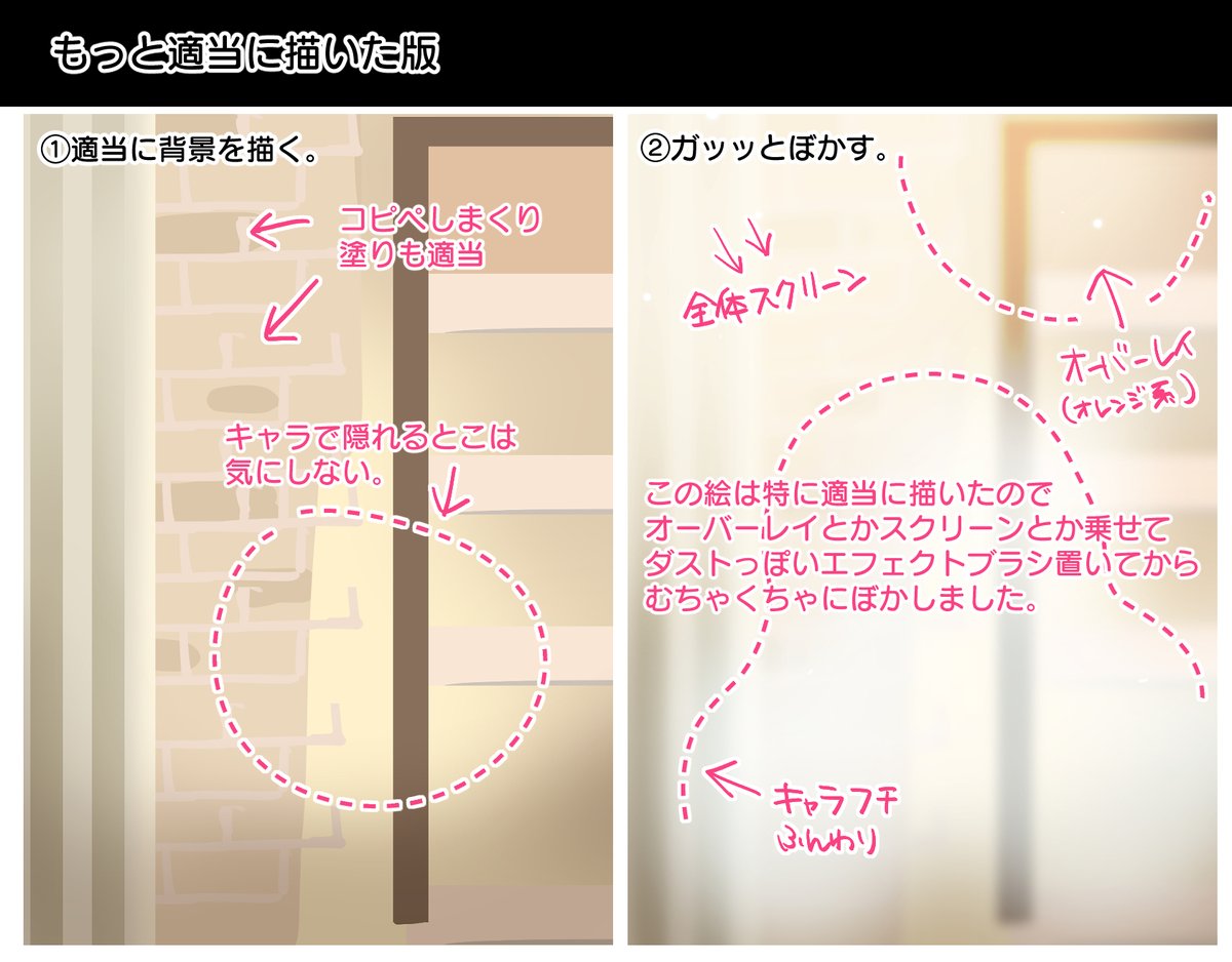 たまには有益な事も呟いてみようという事で、背景苦手だし時間かけたくないけどそれっぽく見せたい時によく使うごまかし技をまとめてみた😙クリスタ使用。 