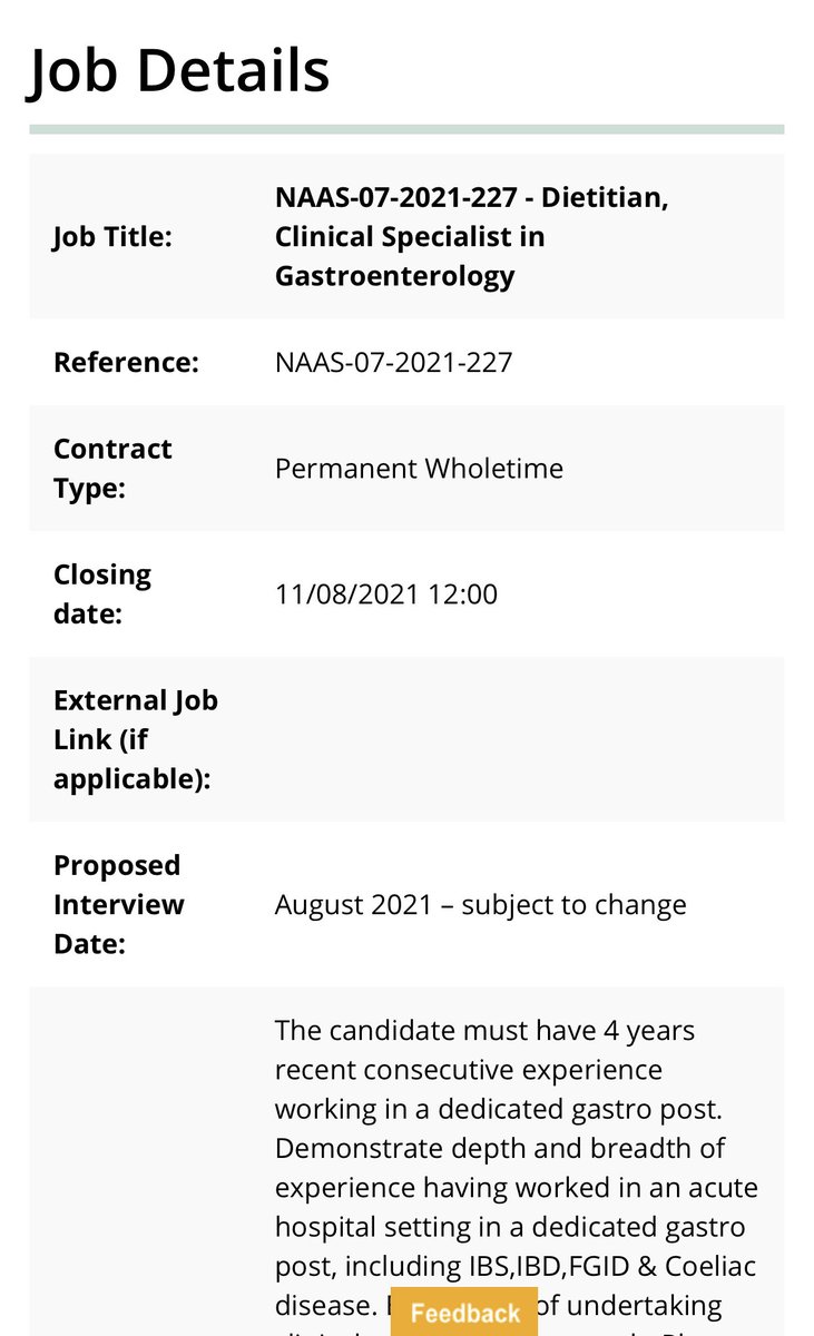 A fantastic opportunity for dietitians working in Gastro - A Clinical Specialist Dietitian post is currently being advertised closing date 11th of August #NaasGeneralHospital #jobfairy @INDI ⁦<a href="/NiamhKBarrett/">Niamh Barrett</a>⁩ ⁦@DMHospitalGroup⁩ ⁦<a href="/CACorish/">Clare Corish RD</a>⁩