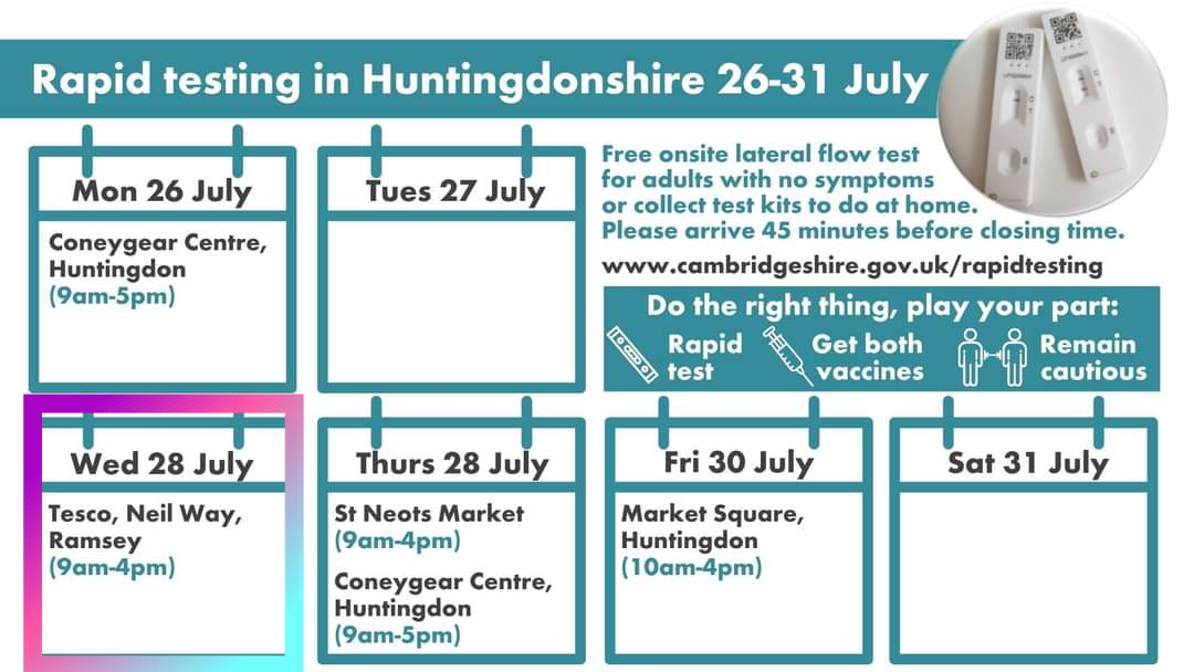 HELP STOP THE SPREAD! CASES IN HUNTINGDONSHIRE UP! This Weds, Tesco Ramsey. Onsite lateral flow tests for anyone with NO symptoms. You can also pick up a home testing kit. All free.