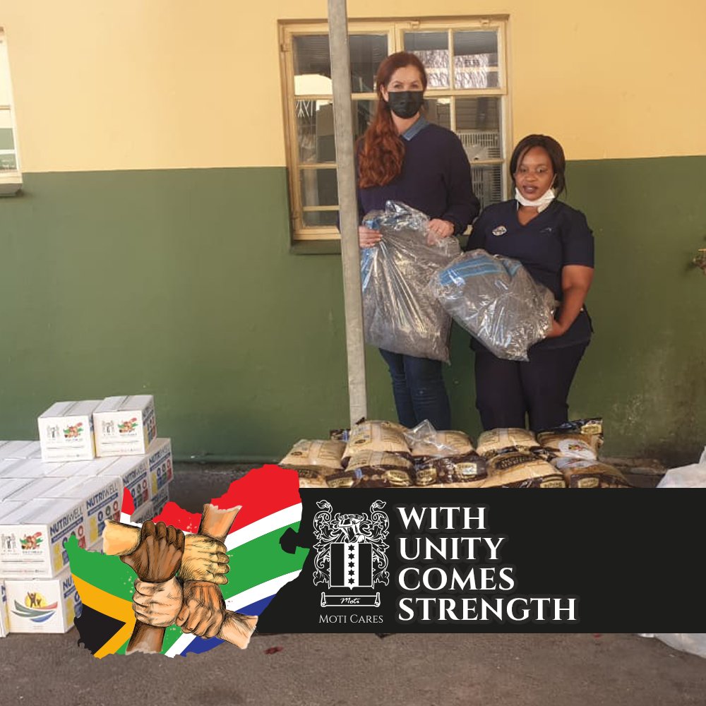 Standing with Precious Khawula, a carer at the Cheshire Home for persons with disabilities is PR Worx CEO Madelain Roscher, who helped to distribute the food, bags of rice and other essentials for people in need.

 #SACares #MotiCares #KZN #RebuildSA #TwoMillionMealsDrive