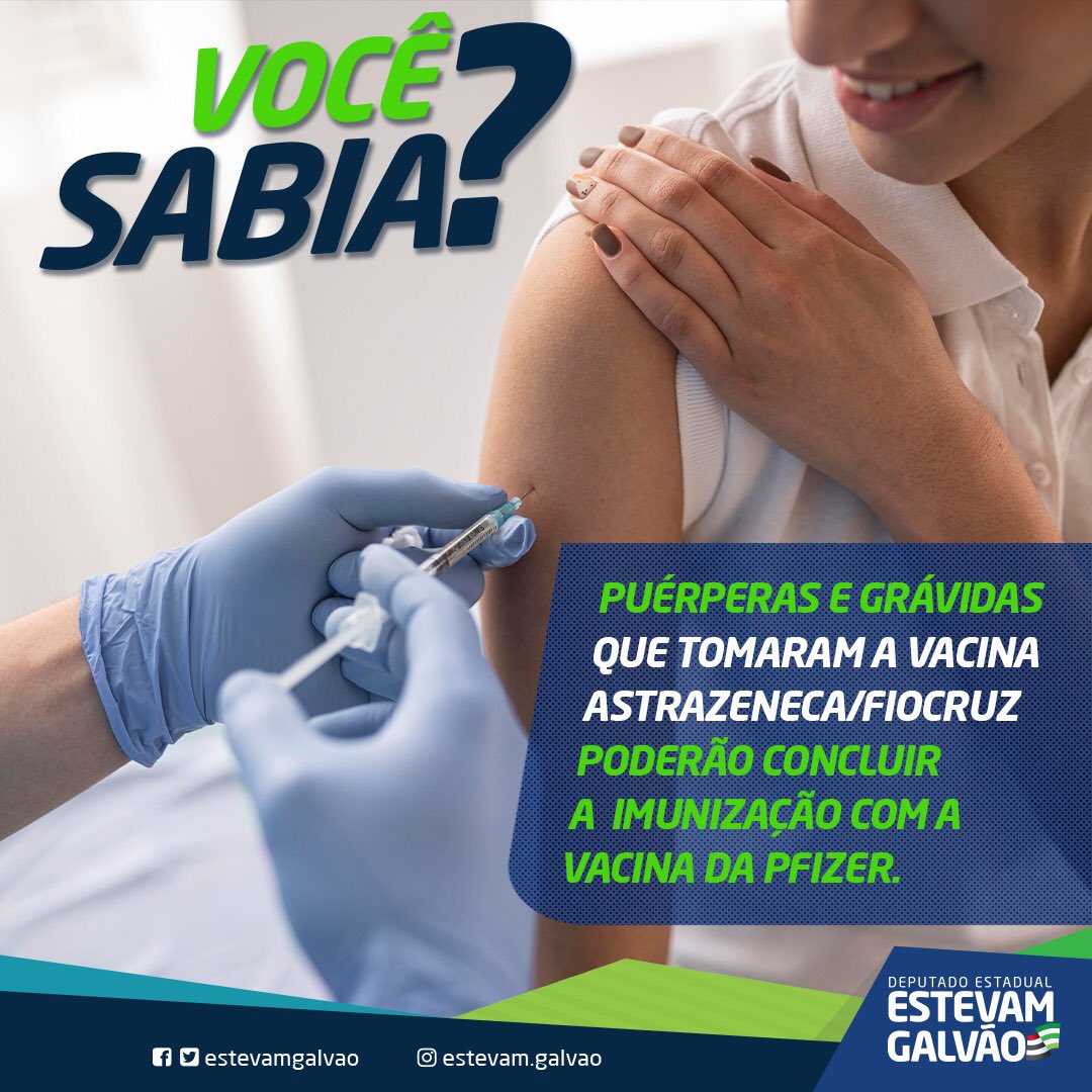 ATENÇÃO GRÁVIDAS E PUÉRPERAS 

O Estado de São Paulo autorizou a aplicação de uma dose de vacina da Pfizer em gestantes e puérperas que tomaram a primeira dose da vacina AstraZeneca para completar a imunização. Fique atenta ao calendário de vacinação da sua cidade! 💉