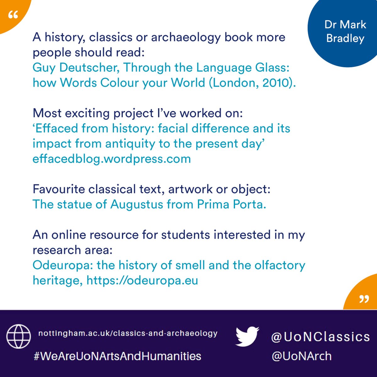 UoNHumanities's tweet image. Next in our humanities staff spotlight series is Mark Bradley from the Department of Classics and Archaeology @UoNClassics 

Find out more about our undergraduate and postgraduate study options here: ow.ly/AR6q50FCgoz

#WeAreUoNArtsAndHumanities #StudyClassics