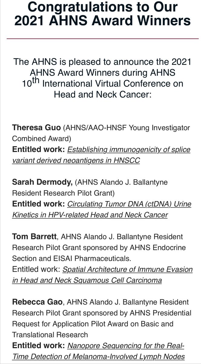 umichheadneck's tweet photo. Congratulations @UMichOto residents Dr Sarah Dermody and Dr Rebecca Gao on your @AHNSinfo research awards! #AHNS2021 https://t.co/iTB4or6yfx