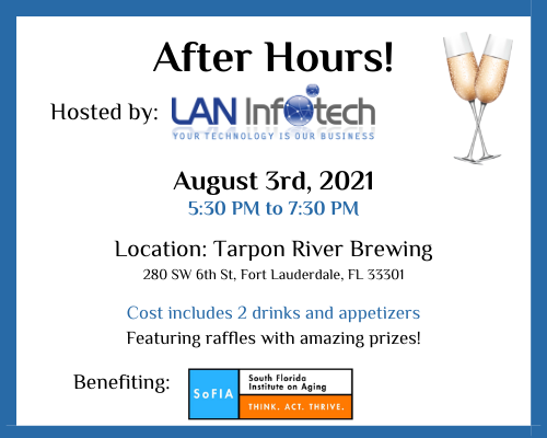 glenbenjamin's tweet photo. Please #joinus at the @FLDCP1After Hours Event on Tuesday 8/3 5:30 at @tarponriverbrew hosted by @LANINFOTECH which will be Benefitting the @TheSoFIAorg (SoFIA). for a #fun night of #networking and helping raise funds for SoFIA! #fldcp #laninfotech #sofia https://t.co/DX35mL3RJN https://t.co/Acq4womRDy