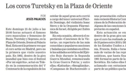 EmbajadaRusaES's tweet photo. 📰 Artículo de @jesuspalaciosjp “Los coros #Turetsky en la Plaza de Oriente” publicado en @larazon_es dedicado al evento que vamos a disfrutar este domingo 25 de julio a las 20:00 🔥 https://t.co/z1DKZQN0Jm