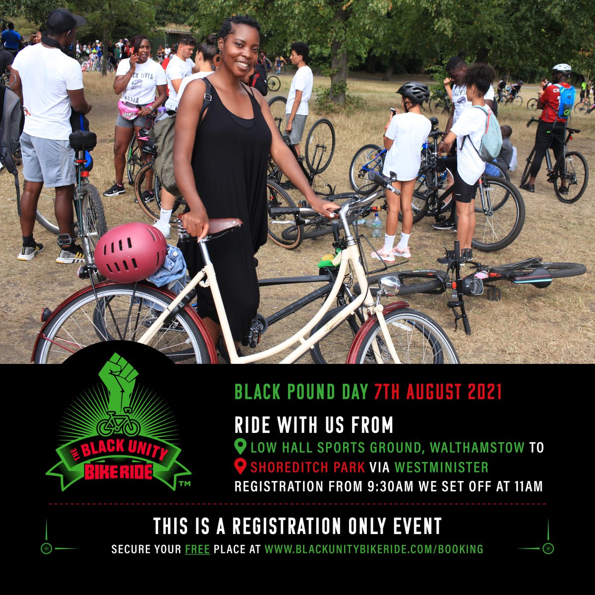 RFTW_UK's tweet photo. Black Unity Bike Ride (BUBR21) is back on road again! Bigger, better, badder!
Note:
- This is not a race. It is a day of love, unity, and solidarity with black pound day.
- This is a registration event. https://t.co/9COz5uGljs
#BlackUnityBikeRide #BUBR21 https://t.co/InyoaLAUaJ