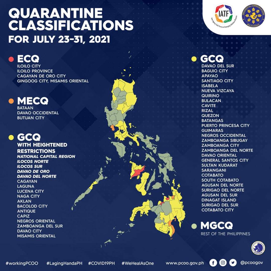 TINGNAN: Narito ang updated quarantine classifications sa bansa hanggang Hulyo 31, 2021. 

#panchotravelagency
