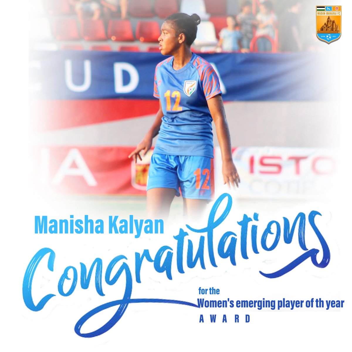 FcMaharaj's tweet photo. Congratulations @SandeshJhingan @SureshWangjam @BalaDevi_10 𝐌𝐚𝐧𝐢𝐬𝐡𝐚 𝐊𝐚𝐥𝐲𝐚𝐧 on bagging the respective #AIFFAwards 🏆

#PlayerOfTheYear #EmergingPlayerOfTheYear #chasingdreams #MadanMaharajFC https://t.co/THLJeNXopw