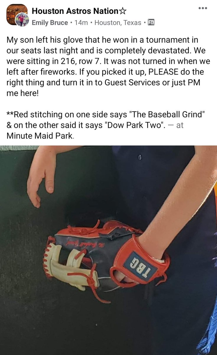 Hey Astros Twitter! Please retweet this and help get the word out. Let's get this young man's glove back to him!⚾️😭💔🧡💙 #ForTheH