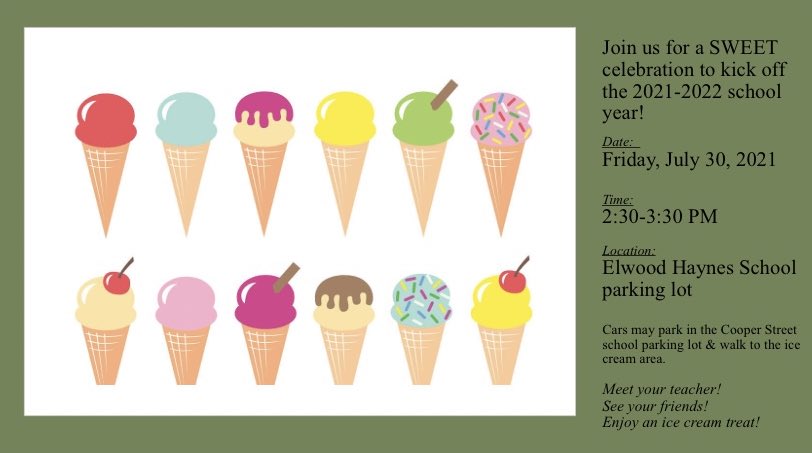 Elwood_STEM's tweet photo. Students and families: join us for our ice cream social on Friday, July 30 at 2:30-3:30 in our parking lot to kick off our year! We can’t wait to see all of our PreK-5th students! 🔬 https://t.co/xo76OKDnEj