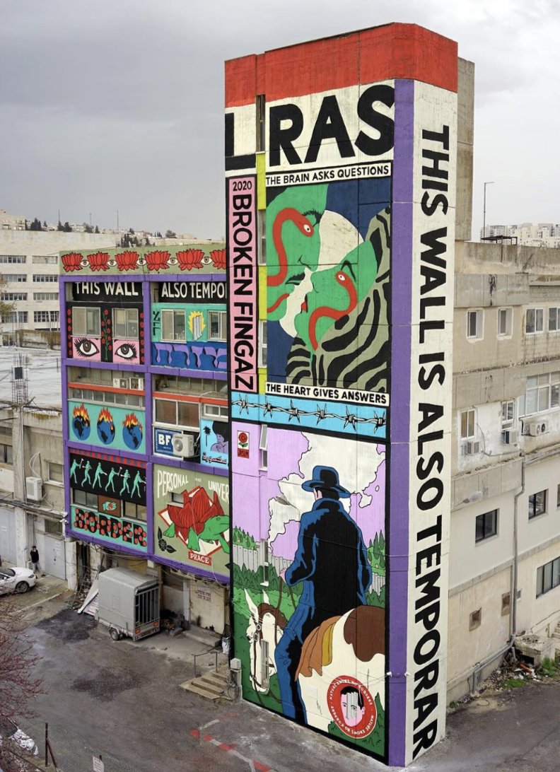 MonikerArtFair's tweet photo. 🙏 "This Is Also Temporary" Broken Fingaz / @brokenfingaz mural in Jerusalem. https://t.co/RNsCCftKTq