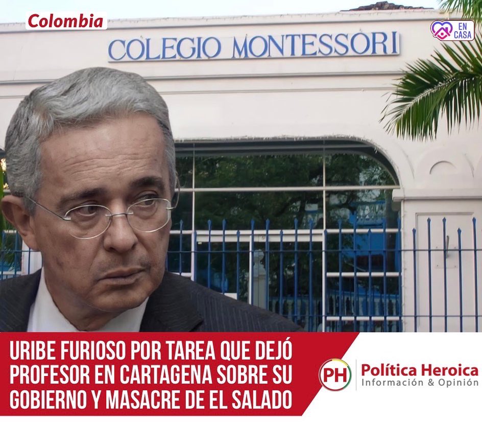 PoliticaHeroica's tweet photo. Este viernes el expresidente Álvaro Uribe publicó en su cuenta de Twitter una imagen que, según él, es de una tarea que dejó a sus estudiantes un profesor en la ciudad de Cartagena. https://t.co/xl7BYdySIf