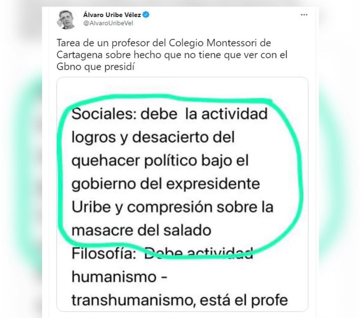 PoliticaHeroica's tweet photo. Este viernes el expresidente Álvaro Uribe publicó en su cuenta de Twitter una imagen que, según él, es de una tarea que dejó a sus estudiantes un profesor en la ciudad de Cartagena. https://t.co/xl7BYdySIf