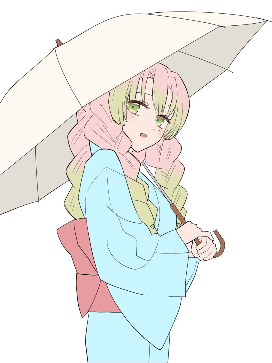 kanroji mitsuri 1girl solo japanese clothes green eyes umbrella pink hair green hair  illustration images