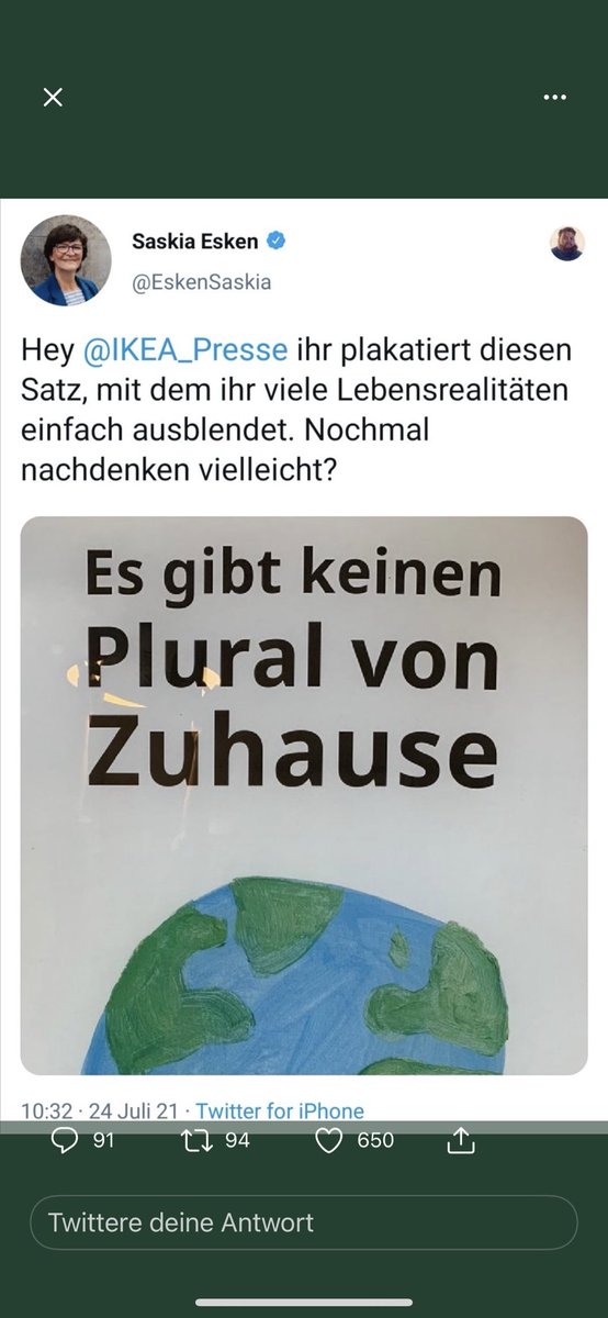 Dass die Vorsitzende einer Regierungspartei die Plakataktion eines Unternehmens zum Klimawandel, dass es nur eine Erde gibt, mit dem Hinweis kontert, dies negiere andere Lebensrealitäten, ist so irre, dass es schon wieder toll ist.