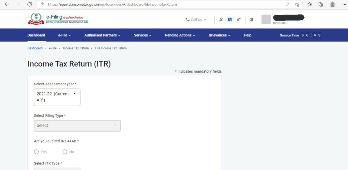 Sgarima1124's tweet photo. Could you please assist why *Select Filing type* tab is disabled? I am trying from past few months to file my ITR but whenever reach this page i am unable to proceed. @IncomeTaxIndia #ITR #incometaxnewportal #IncomeTax https://t.co/gzdgMAnNMn
