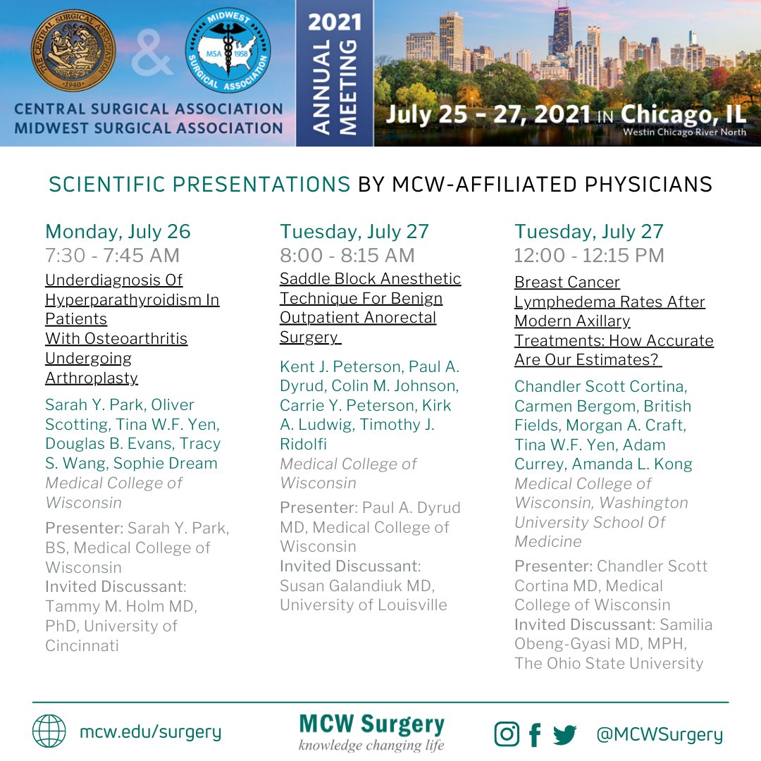 Check out the MCW-affiliated physicians who will present their scientific papers at the CSA & MSA 2021 Annual Meeting! #LeadingTheWay @MedicalCollege @Froedtert @CentralSurg @MCW_Kern @MCWCancerCenter @tracyswangNYMKE @DougEvans2273 @SDreamMD @ChandlerCortina @pauldyrud