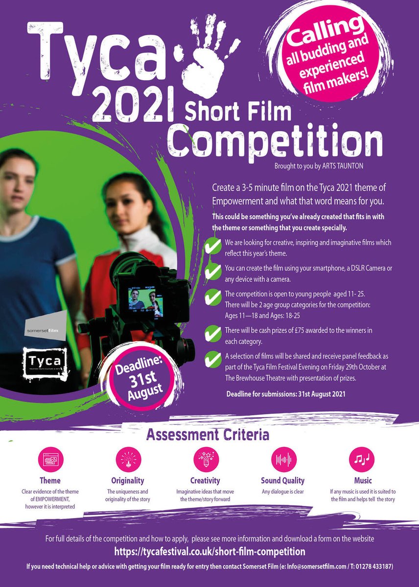 DandCFilm's tweet photo. Film competition for young people 11-25 |
Create a 3-5 minute film on the theme of Empowerment and what that word means for you | @tyca_fest @somersetfilm #FilmComp https://t.co/LqwAWRE4ay