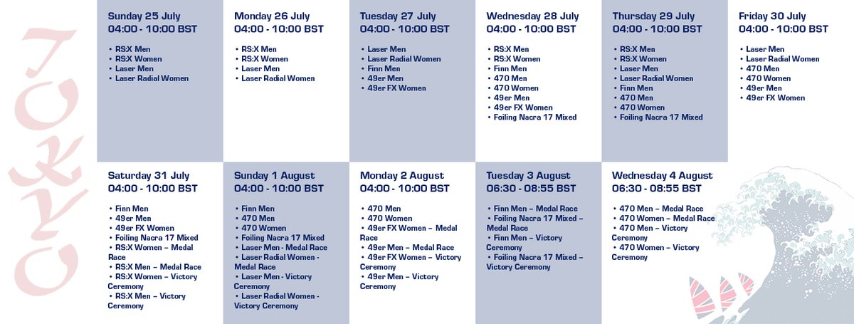One more sleep until the action starts 😆
  
Here's the schedule for the <a href="/Tokyo2020/">#Tokyo2020</a> <a href="/Olympics/">The Olympic Games</a> sailing competition 👍 

The <a href="/RSXCLASS/">RS:X OLYMPIC WINDSURFING CLASS</a> and <a href="/IntLaserClass/">ILCA</a> kick us off ⛵️ 

<a href="/worldsailing/">World Sailing 🌎⛵️</a> #TeamGB #sailing #Tokyo2020 #Olympics <a href="/RYA/">RYA</a>