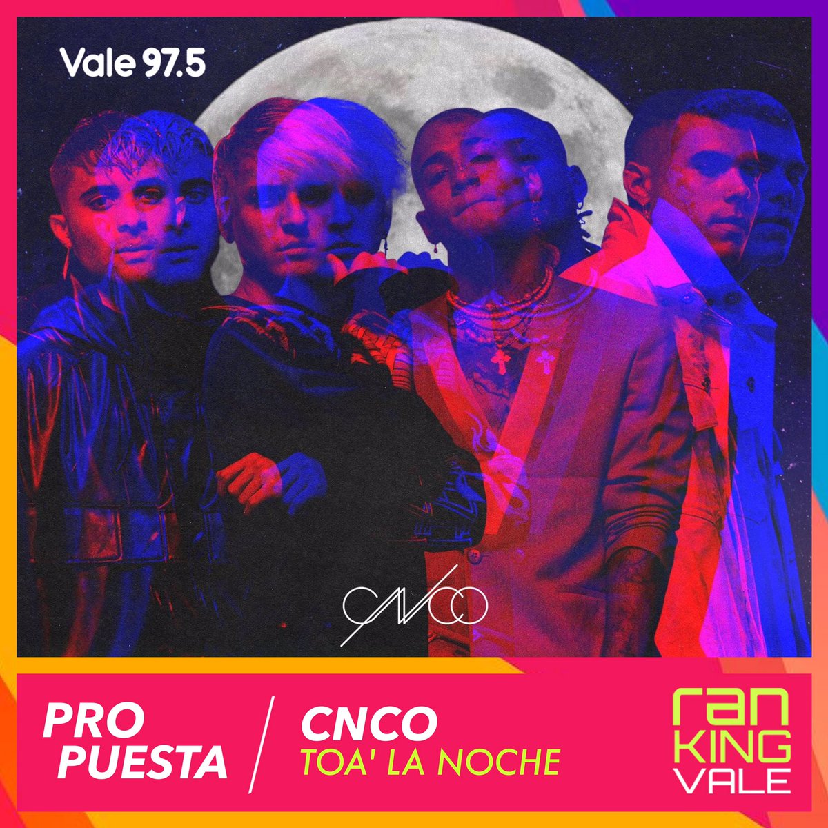 Vale975's tweet photo. PROPUESTA | ¡Lo nuevo de @CNCOmusic ya está entre nosotros! #ToaLaNoche espera tus votos para ser parte del #RankingVale 💫🎶 https://t.co/R7E8J4QLzC