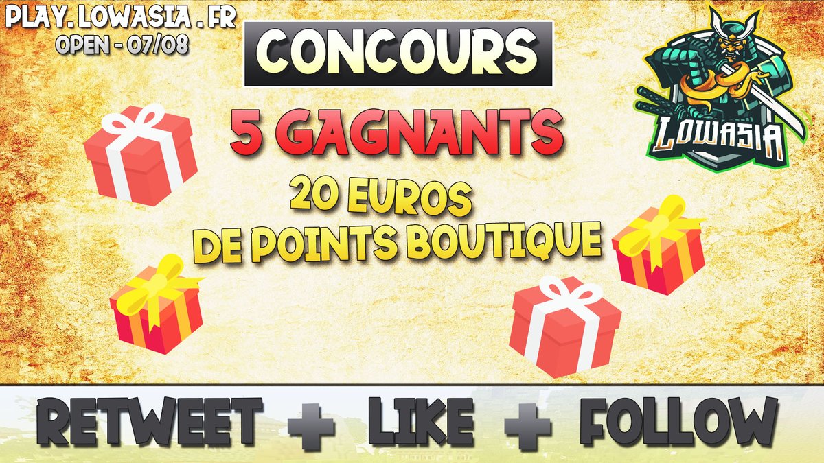 McWorldof's tweet photo. Premier #Concours de https://t.co/HH7WZE6H6F !

🎁 Lots à gagner: 🎁
💰5 Gagnants : 20 euros de points boutique 💰
(Sur Lowasia, WorldOfSkill ou PlanetPvP)

🎟️ Comment participer: 🎟️
-> Retweet
-> Like
-> Follow le Twitter et discord ! https://t.co/b29a5MICGT

TIRAGE 06/08 ⏰ https://t.co/2jsmAFOZ60