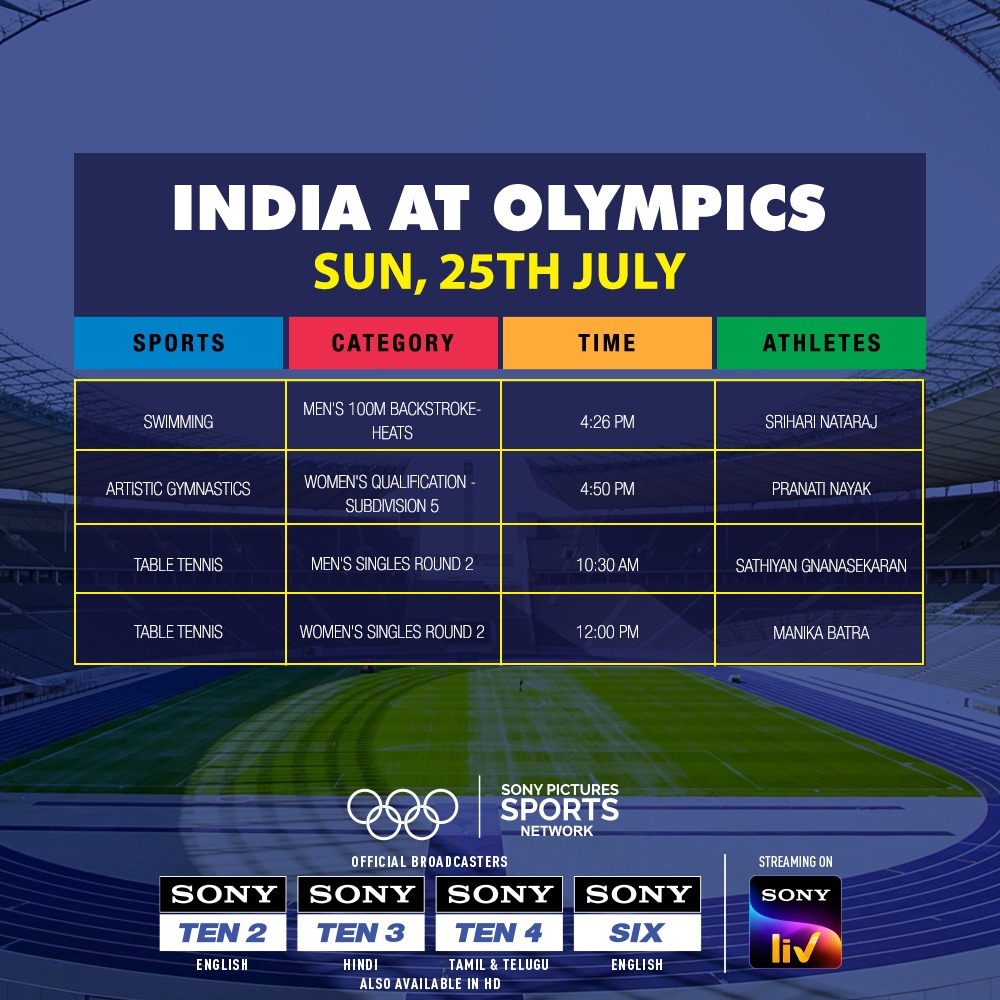 Brace yourselves for a power-packed Sunday! Catch our heroes LIVE at the #Tokyo2020 Olympics 📺 Sony SIX, Sony TEN 2, Sony TEN 3, Sony TEN 4 #Cheer4India #Tokyo2020 #SirfSonyPeDikhega #HumHongeKamyab