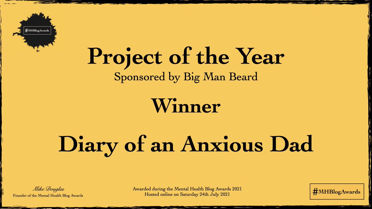 MHBlogAwards's tweet photo. Project of the Year
Sponsored by @BigManBeard1
Winner: @anxiousdaddiary
Runner up: @MHCrisisAngels https://t.co/oEqSgVwvfl