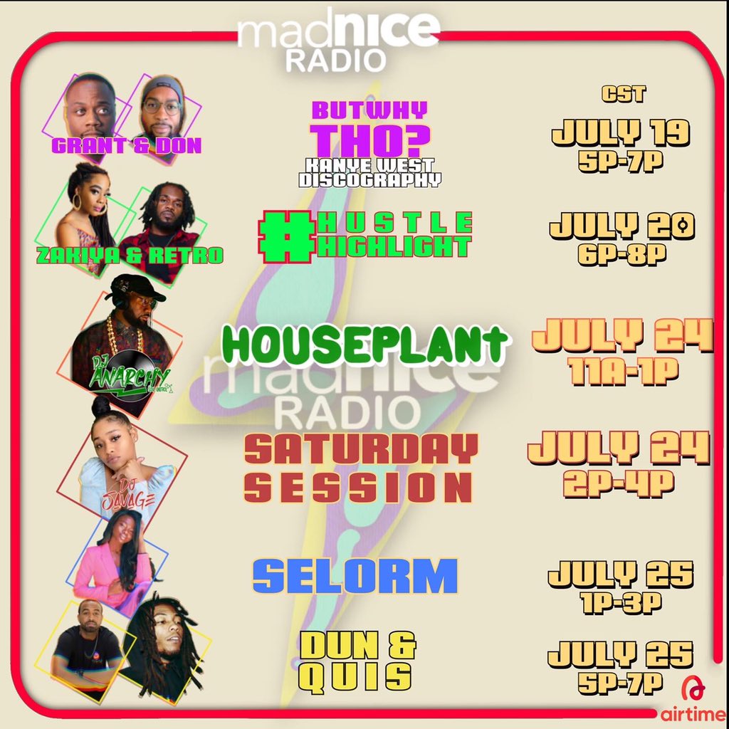 DON’T FORGET!! We have a double header today w/ #HousePlant hosted by @djanarchy and #SaturdaySession w/ @djsavage901 in the #MadNiceRadio @airtime room . TUNE IN today at 11A CST and 2P CST respectively #livestream #airtime #madnice #rollingloud