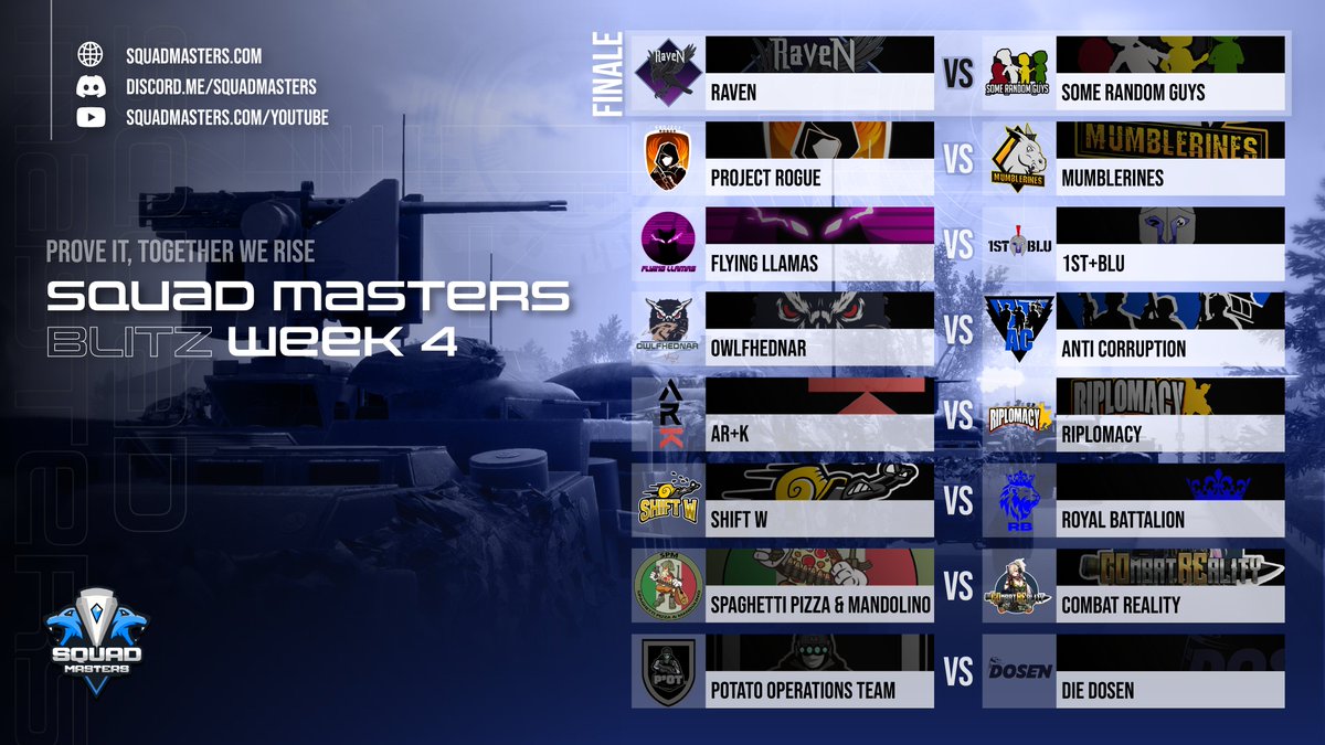 TheOfficialSqu4's tweet photo. The finals for @JoinSquad Masters Blitz has arrived with our first match today @ 1800 utc. 

Our full schedule for the finals has been released on our discord, come check it out at: https://t.co/qYhXOBudp0
#Squad #SquadMasters #Blitz https://t.co/rJbm41KNr4