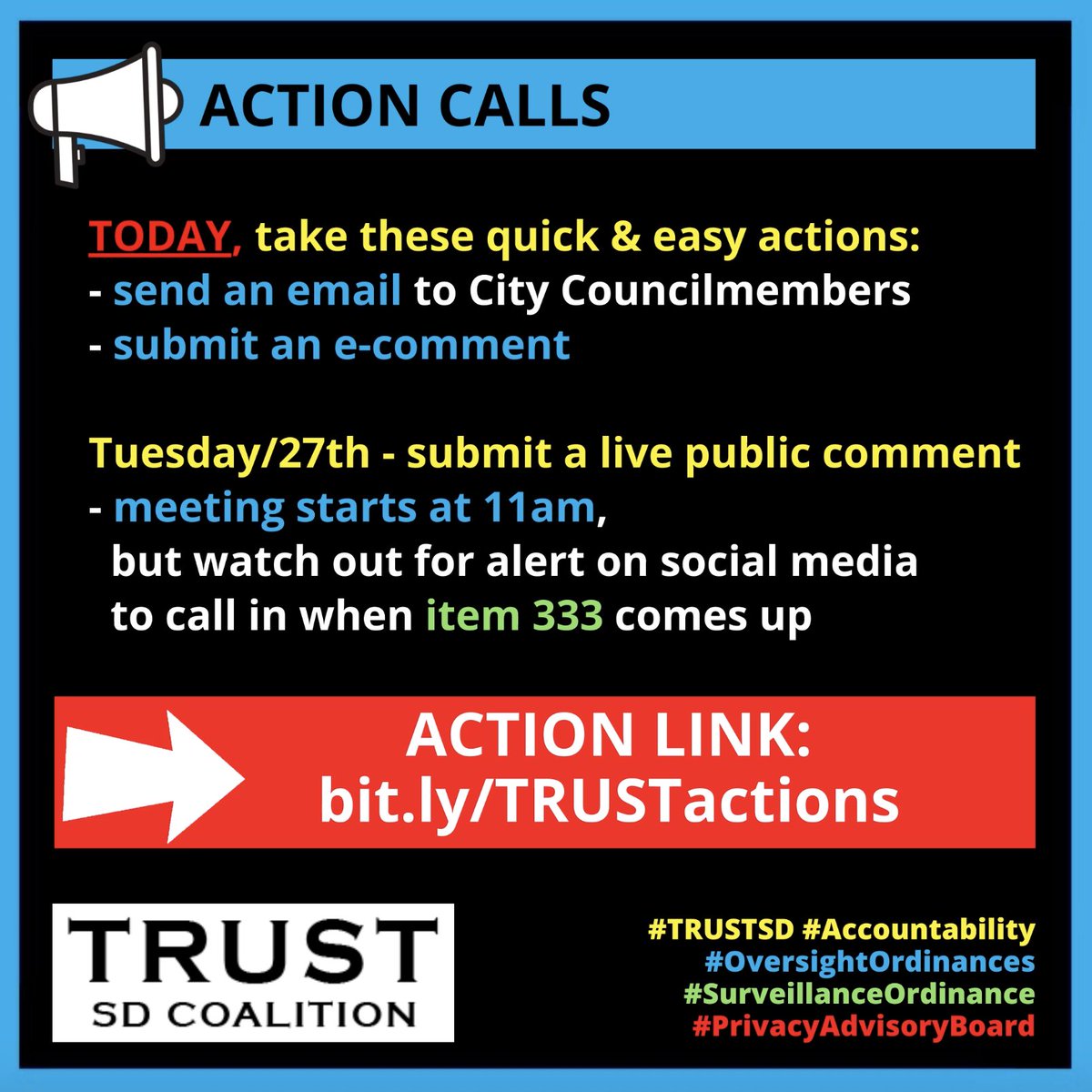 SanDiegoTRUST's tweet image. San Diegans deserve due diligence and community input before any mass surveillance contract is voted on. City Council unanimously voted in agreement in 2020. Tell council to uphold these principles today &amp;amp; Tue when Council considers a Shotspotter contract. bit.ly/TRUSTactions