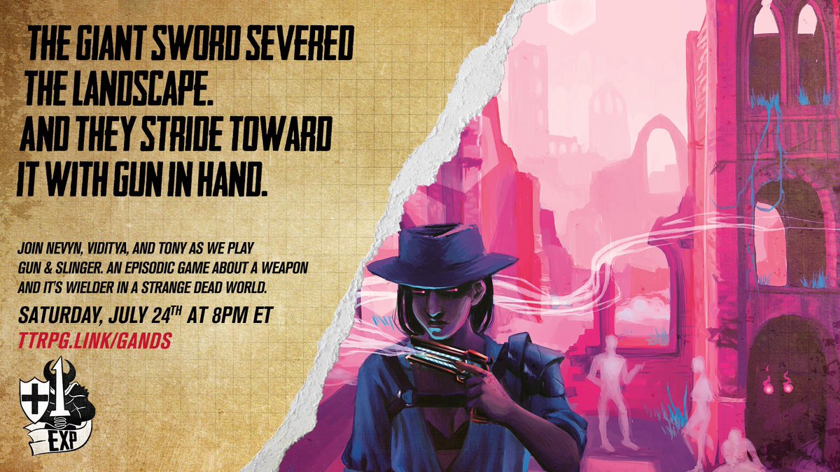 plusoneexp's tweet photo. Tonight at 8pm @vidityavoleti &amp; I set out as a Gun &amp; Slinger into a strange and twisted world that’s controlled by Maestro &amp; game designer @ForkTwenty! 
Join us live at 8pm for your chance to win a copy of this #ttrpg!
https://t.co/BpyI3rTSyM
#ttrpgfamily #ttrpgboost https://t.co/gpIpa6njOR