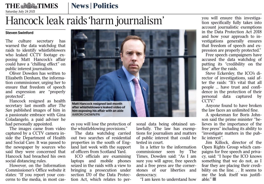 paullewismoney's tweet photo. Cabinet Minister Oliver Dowden tells Information Commissioner to ensure that journalism and free speech rights are protected after she orders raids by her officers supported by the police on two houses to pursue the source of Hancock kiss video. https://t.co/NFVOVuNADq